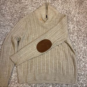 J Crew Men’s Cotton Shawl Collar Sweater Leather Elbow Patch XL Beige